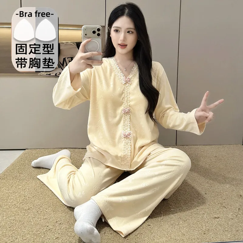 더블벨벳 가을겨울 신상 고정 패드 포함 여성 파자마 스위트 프린세스 칼라 빅사이즈 레이스 긴팔 홈웨어 · 도매 · OEM · 전 세계 배송 - Detail 6