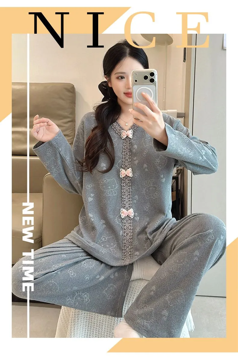 더블벨벳 가을겨울 신상 고정 패드 포함 여성 파자마 스위트 프린세스 칼라 빅사이즈 레이스 긴팔 홈웨어 · 도매 · OEM · 전 세계 배송 - Detail 27