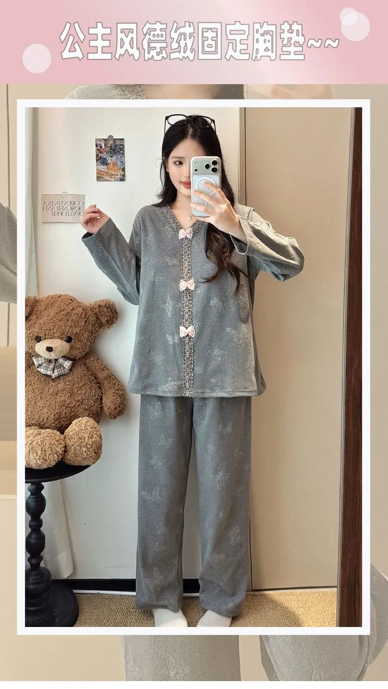 더블벨벳 가을겨울 신상 고정 패드 포함 여성 파자마 스위트 프린세스 칼라 빅사이즈 레이스 긴팔 홈웨어 · 도매 · OEM · 전 세계 배송 - Detail 10