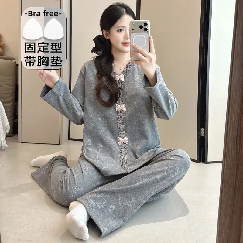 더블벨벳 가을겨울 신상 고정 패드 포함 여성 파자마 스위트 프린세스 칼라 빅사이즈 레이스 긴팔 홈웨어 · 도매 · OEM · 전 세계 배송 - Detail 5