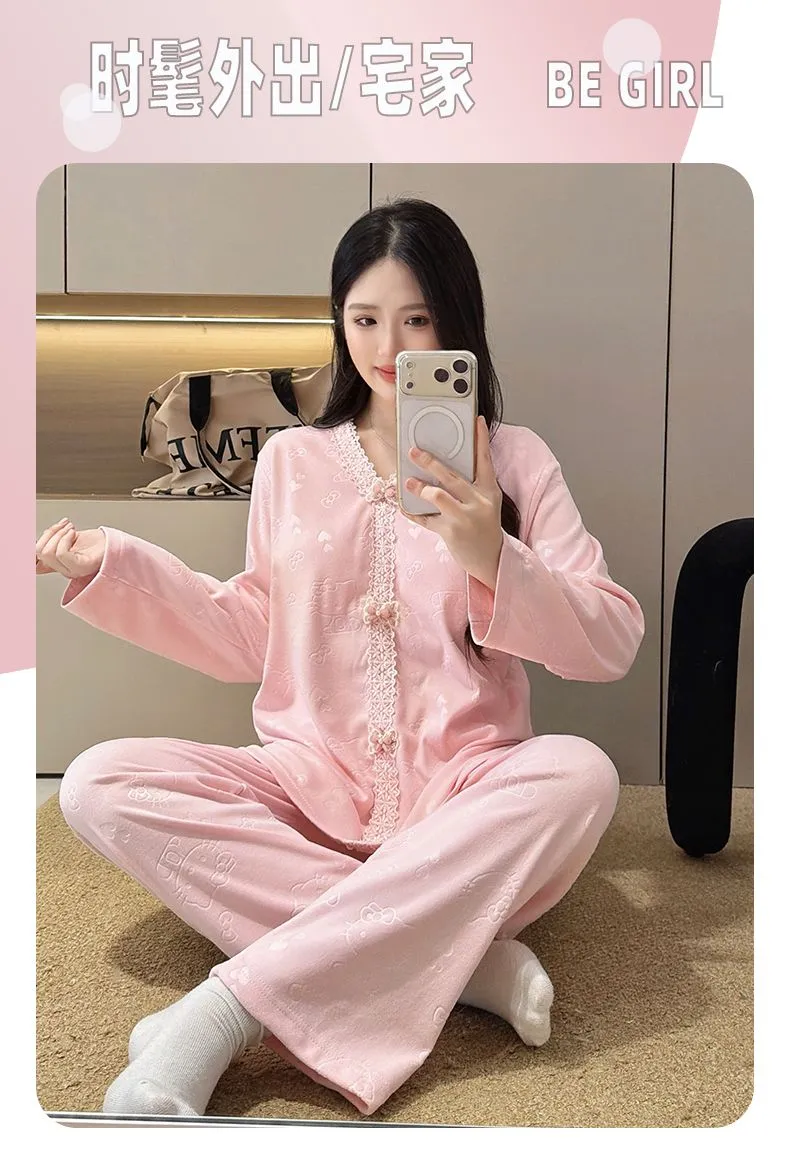 더블벨벳 가을겨울 신상 고정 패드 포함 여성 파자마 스위트 프린세스 칼라 빅사이즈 레이스 긴팔 홈웨어 · 도매 · OEM · 전 세계 배송 - Detail 33
