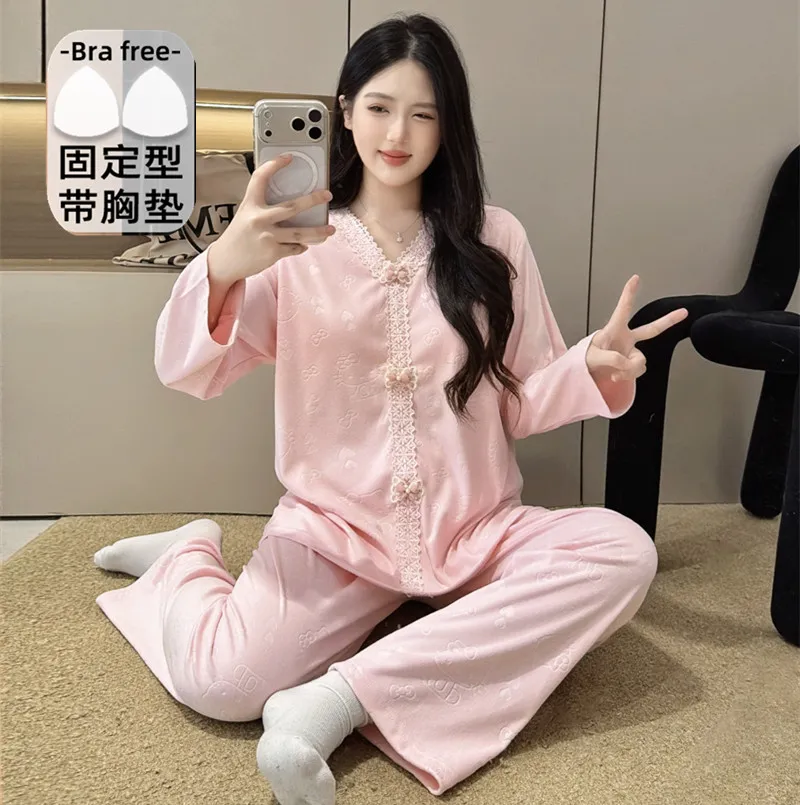 더블벨벳 가을겨울 신상 고정 패드 포함 여성 파자마 스위트 프린세스 칼라 빅사이즈 레이스 긴팔 홈웨어 · 도매 · OEM · 전 세계 배송 - View 4