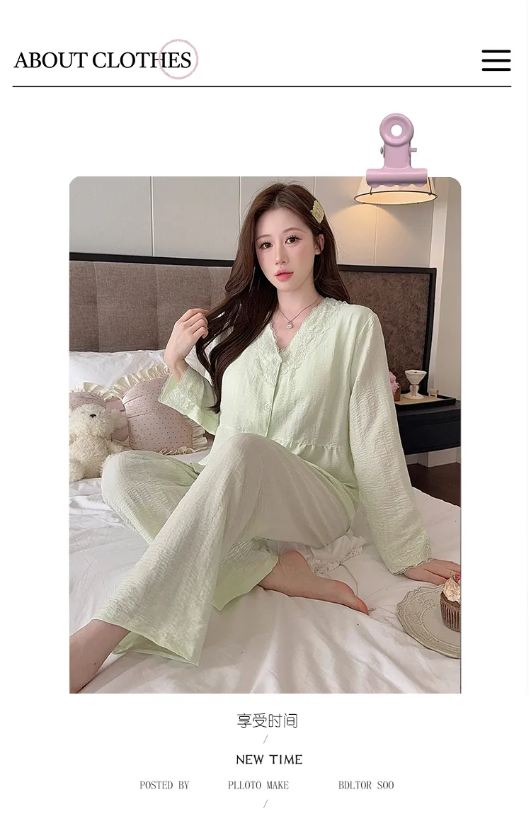 Cloud Cotton Spring Autumn Women's Pajamas with Fixed Chest Pads Korean Style Fashion Lace Cardigan Fashionable Sleepwear Loungewear Set · Wholesale · OEM · Worldwide Shipping - Detail 14