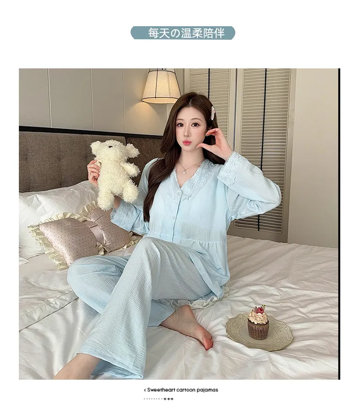 Cloud Cotton Spring Autumn Women's Pajamas with Fixed Chest Pads Korean Style Fashion Lace Cardigan Fashionable Sleepwear Loungewear Set · Wholesale · OEM · Worldwide Shipping - Detail 17