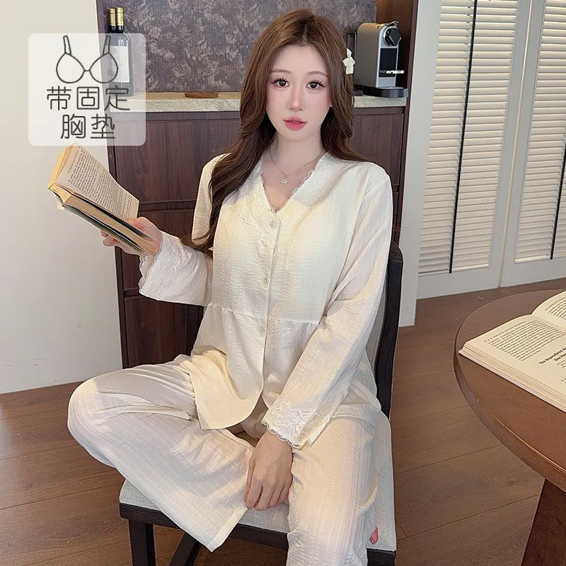 Cloud Cotton Spring Autumn Women's Pajamas with Fixed Chest Pads Korean Style Fashion Lace Cardigan Fashionable Sleepwear Loungewear Set · Wholesale · OEM · Worldwide Shipping - View 3