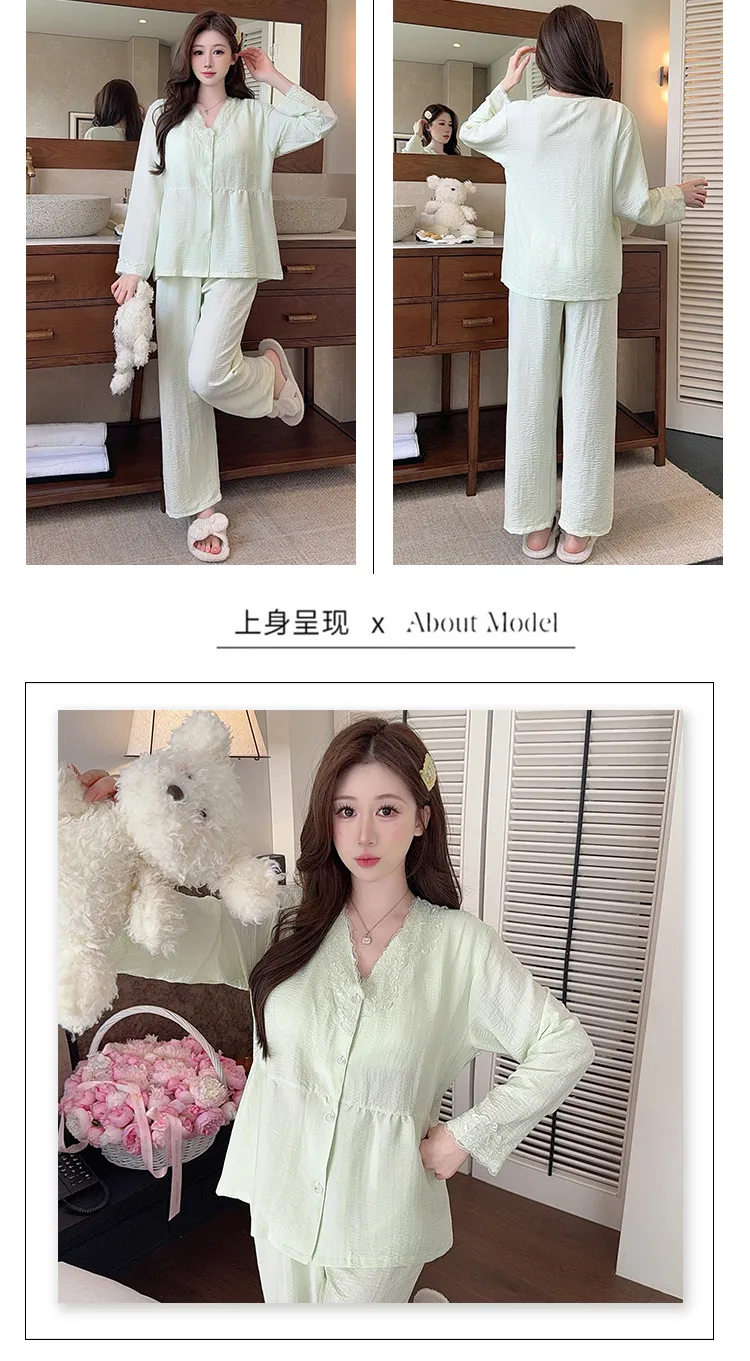 Cloud Cotton Spring Autumn Women's Pajamas with Fixed Chest Pads Korean Style Fashion Lace Cardigan Fashionable Sleepwear Loungewear Set · Wholesale · OEM · Worldwide Shipping - Detail 15