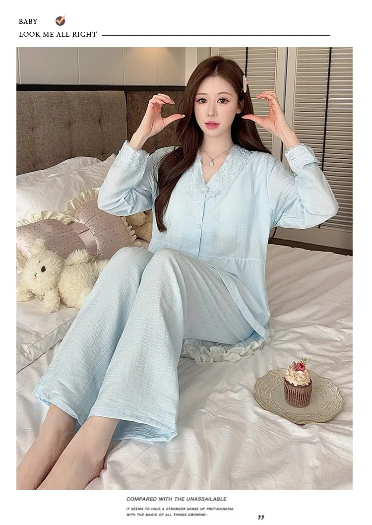 Cloud Cotton Spring Autumn Women's Pajamas with Fixed Chest Pads Korean Style Fashion Lace Cardigan Fashionable Sleepwear Loungewear Set · Wholesale · OEM · Worldwide Shipping - Detail 19