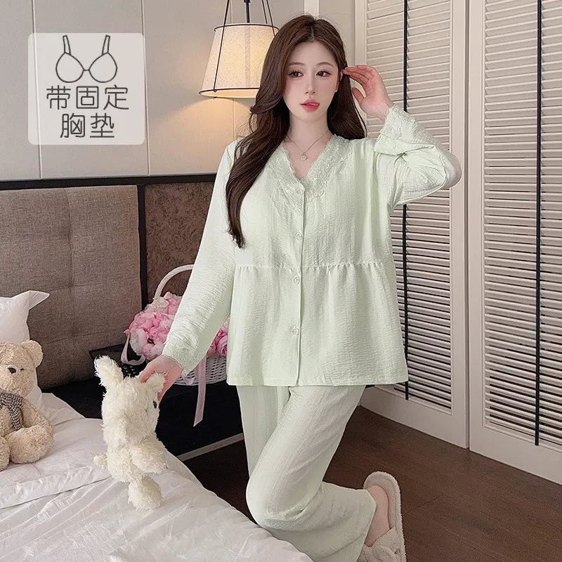 Cloud Cotton Spring Autumn Women's Pajamas with Fixed Chest Pads Korean Style Fashion Lace Cardigan Fashionable Sleepwear Loungewear Set · Wholesale · OEM · Worldwide Shipping - Detail 3