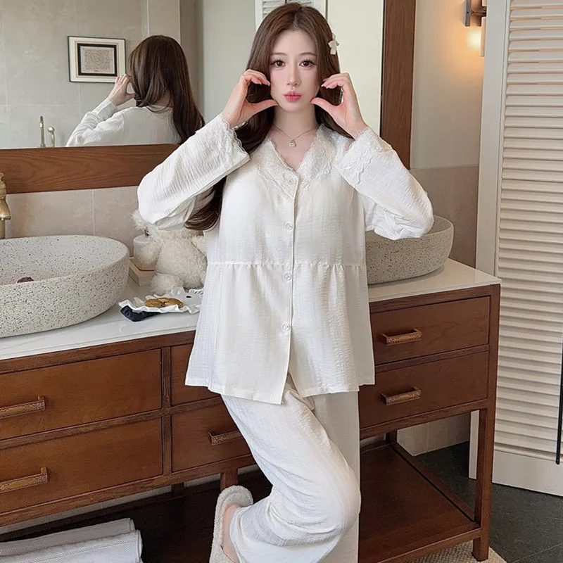 Cloud Cotton Spring Autumn Women's Pajamas with Fixed Chest Pads Korean Style Fashion Lace Cardigan Fashionable Sleepwear Loungewear Set · Wholesale · OEM · Worldwide Shipping - Detail 4
