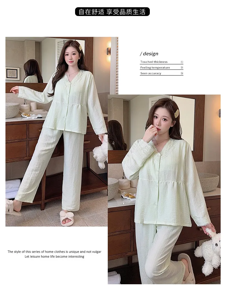 Cloud Cotton Spring Autumn Women's Pajamas with Fixed Chest Pads Korean Style Fashion Lace Cardigan Fashionable Sleepwear Loungewear Set · Wholesale · OEM · Worldwide Shipping - Detail 16