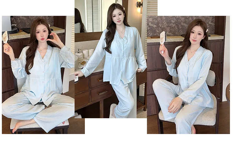 Cloud Cotton Spring Autumn Women's Pajamas with Fixed Chest Pads Korean Style Fashion Lace Cardigan Fashionable Sleepwear Loungewear Set · Wholesale · OEM · Worldwide Shipping - Detail 18