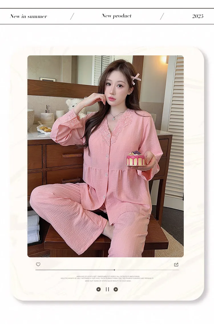 Cloud Cotton Spring Autumn Women's Pajamas with Fixed Chest Pads Korean Style Fashion Lace Cardigan Fashionable Sleepwear Loungewear Set · Wholesale · OEM · Worldwide Shipping - Detail 5