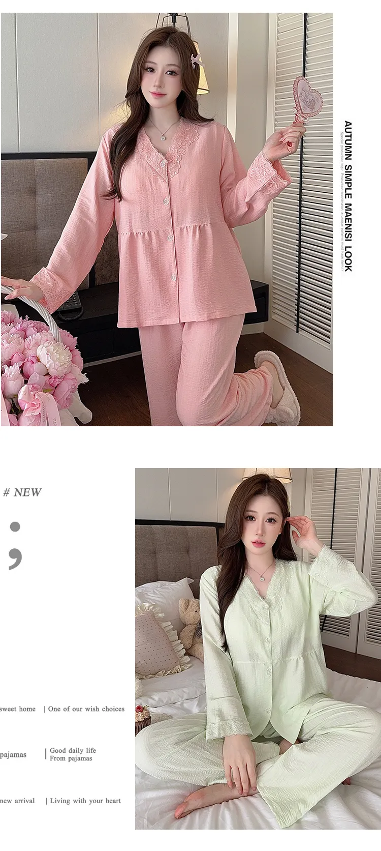 Cloud Cotton Spring Autumn Women's Pajamas with Fixed Chest Pads Korean Style Fashion Lace Cardigan Fashionable Sleepwear Loungewear Set · Wholesale · OEM · Worldwide Shipping - Detail 13
