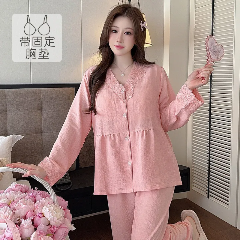 Cloud Cotton Spring Autumn Women's Pajamas with Fixed Chest Pads Korean Style Fashion Lace Cardigan Fashionable Sleepwear Loungewear Set · Wholesale · OEM · Worldwide Shipping - Detail 1