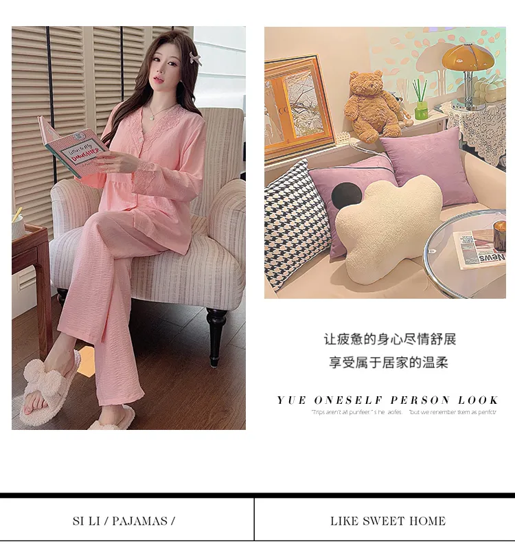 Cloud Cotton Spring Autumn Women's Pajamas with Fixed Chest Pads Korean Style Fashion Lace Cardigan Fashionable Sleepwear Loungewear Set · Wholesale · OEM · Worldwide Shipping - Detail 11