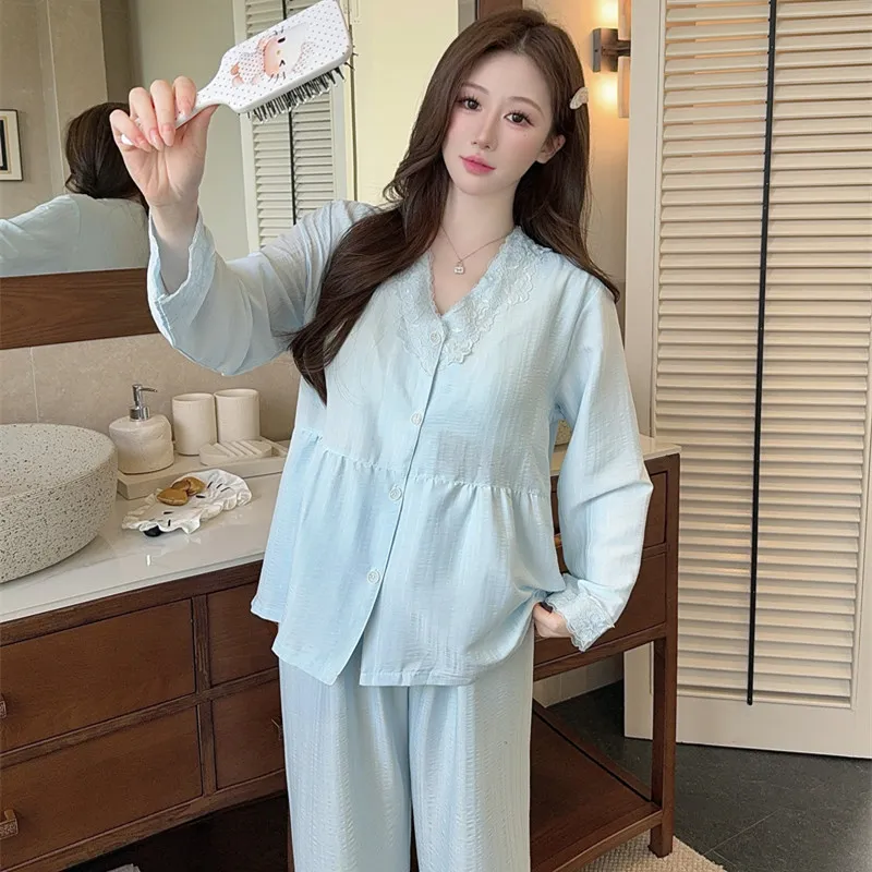Cloud Cotton Spring Autumn Women's Pajamas with Fixed Chest Pads Korean Style Fashion Lace Cardigan Fashionable Sleepwear Loungewear Set · Wholesale · OEM · Worldwide Shipping - Detail 2