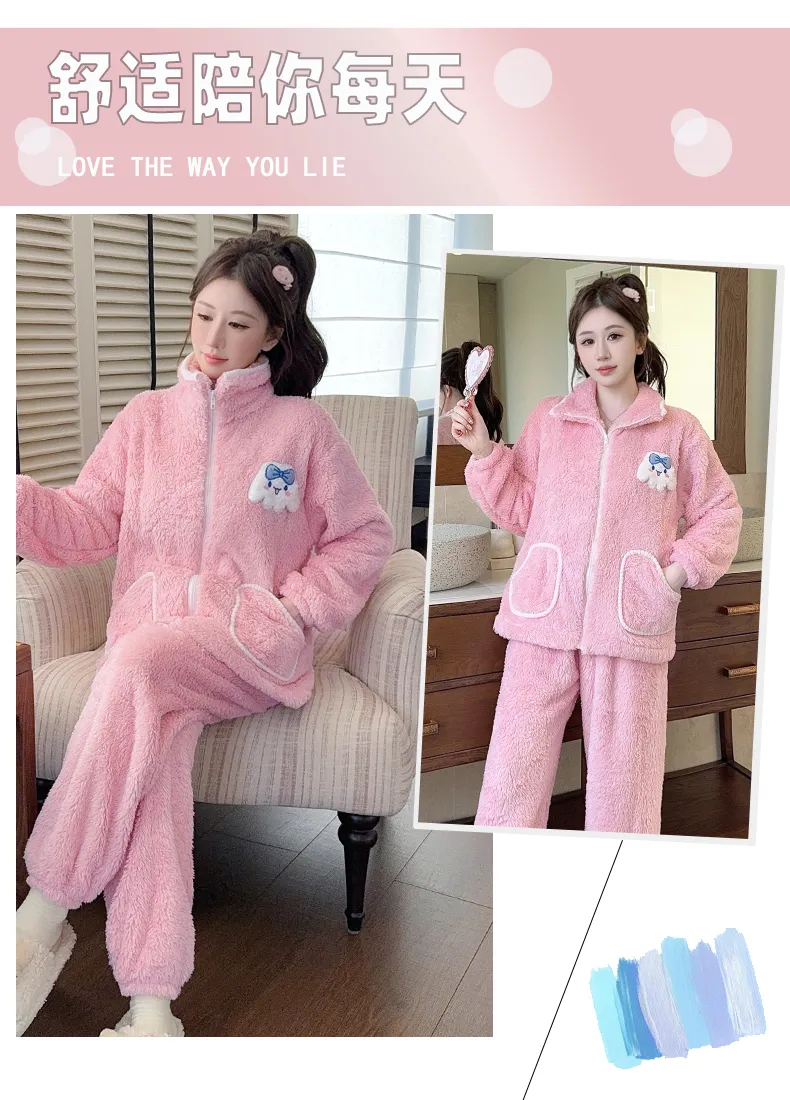 Women's Long Plush Pajamas Winter Sweet Cardigan Zip-Up Long Sleeve Long Pants Plus Size 230 Jin Fat M Loungewear · Wholesale · OEM · Worldwide Shipping - Detail 33
