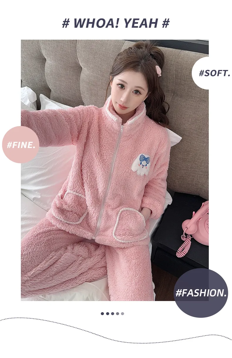 Women's Long Plush Pajamas Winter Sweet Cardigan Zip-Up Long Sleeve Long Pants Plus Size 230 Jin Fat M Loungewear · Wholesale · OEM · Worldwide Shipping - Detail 34