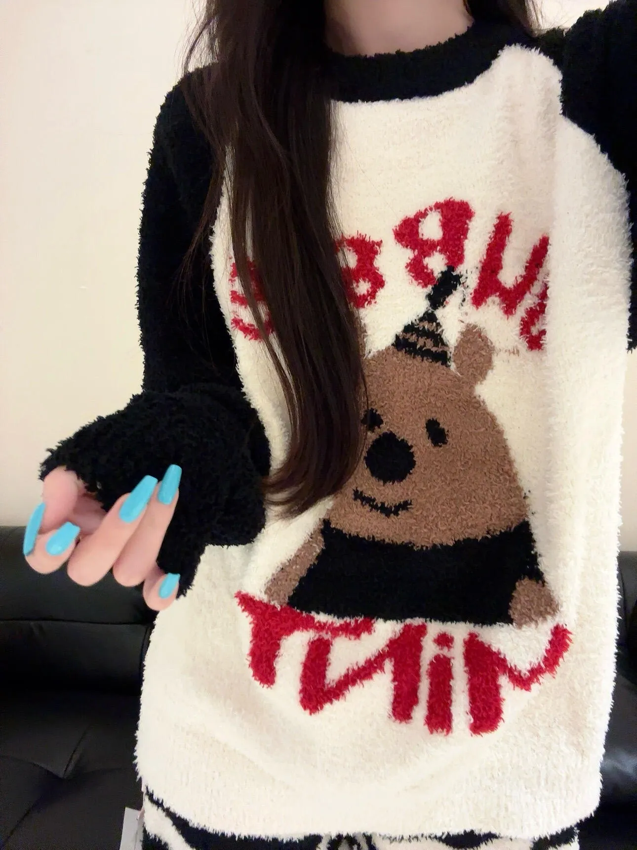 Cartoon Bear Half Fleece Pajamas Women 2025 Autumn Winter New Plus Size Long Sleeve Long Pants Loose Homewear Set · Wholesale · OEM · Worldwide Shipping - View 4