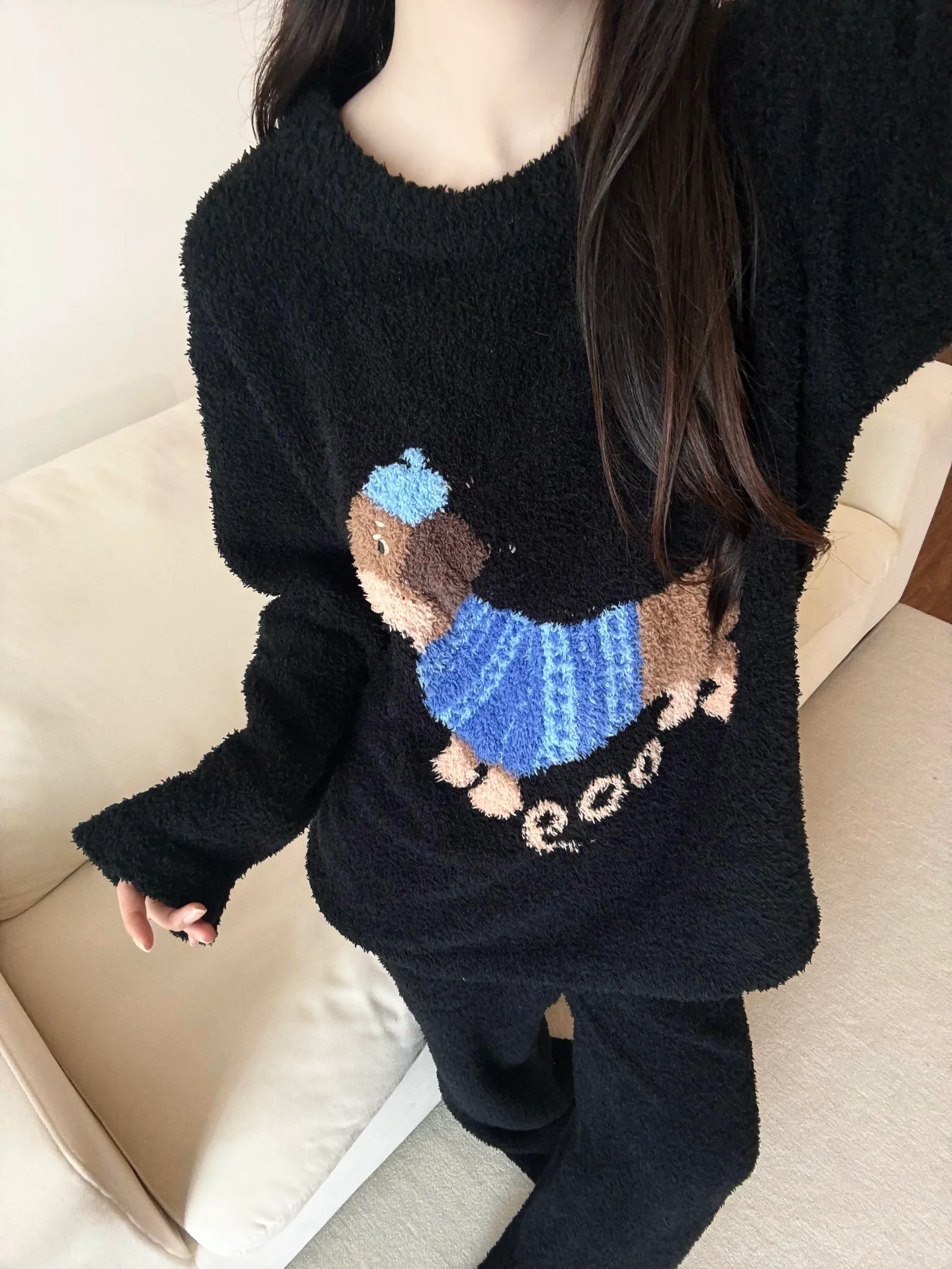 Cartoon Dachshund Half Fleece Pajamas Women 2026 Autumn Winter New Plus Size Long Sleeve Long Pants Loose Homewear Set · Wholesale · OEM · Worldwide Shipping - View 3