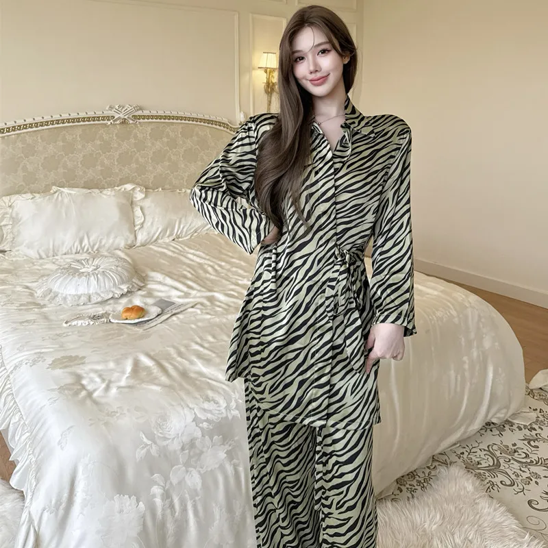 Victoria-Style Western Ice Silk Pajama Set, Zebra Print Long Sleeve Premium Spring/Autumn Loungewear, Wearable Outside · Wholesale · OEM · Worldwide Shipping