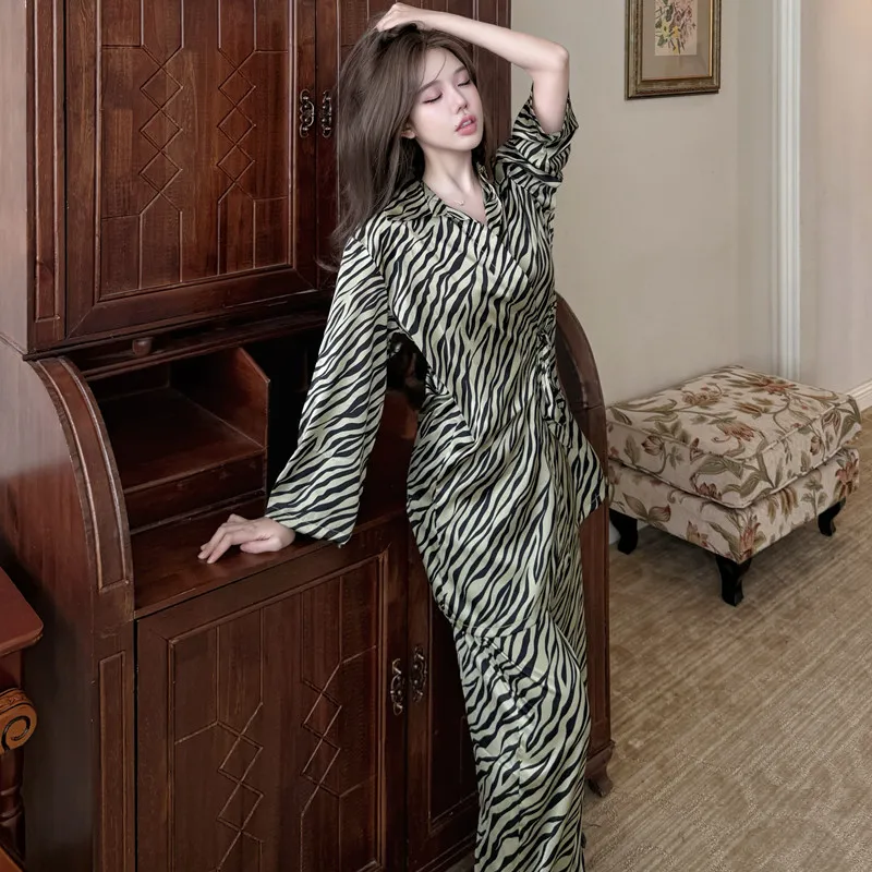 Victoria-Style Western Ice Silk Pajama Set, Zebra Print Long Sleeve Premium Spring/Autumn Loungewear, Wearable Outside · Wholesale · OEM · Worldwide Shipping - View 1