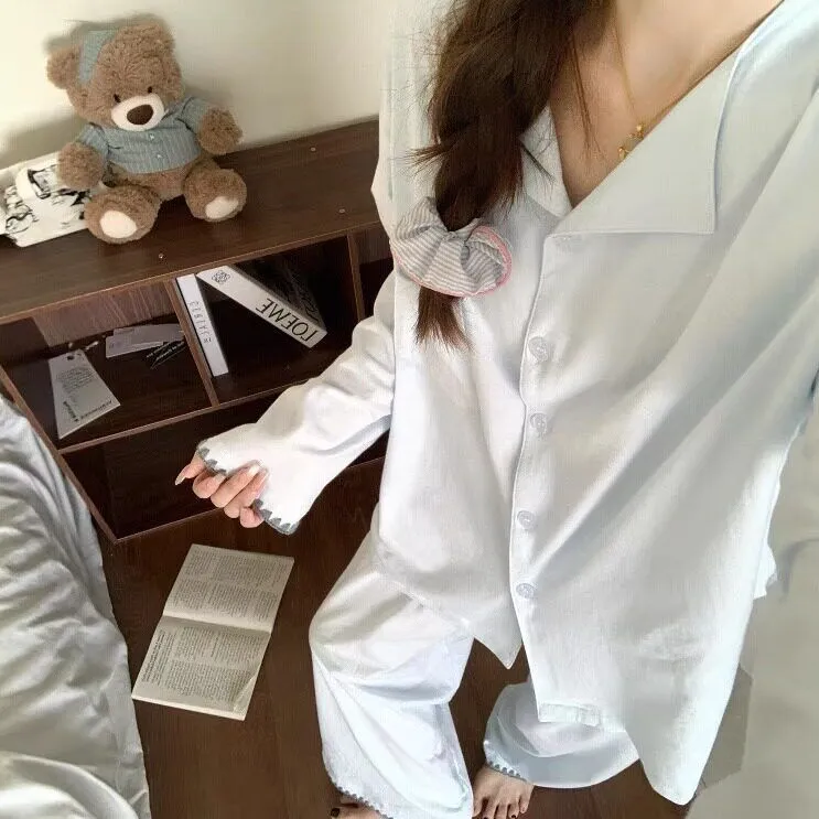 Spring Autumn New Cloud Cotton Pajamas Women Solid Simple Lapel Long Sleeve Two-Piece Plus Size Homewear · Wholesale · OEM · Worldwide Shipping - Detail 10