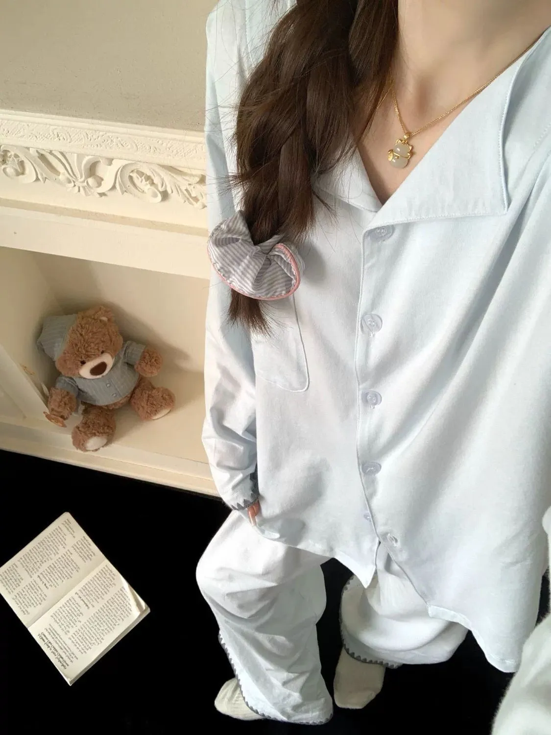 Spring Autumn New Cloud Cotton Pajamas Women Solid Simple Lapel Long Sleeve Two-Piece Plus Size Homewear · Wholesale · OEM · Worldwide Shipping - Detail 6