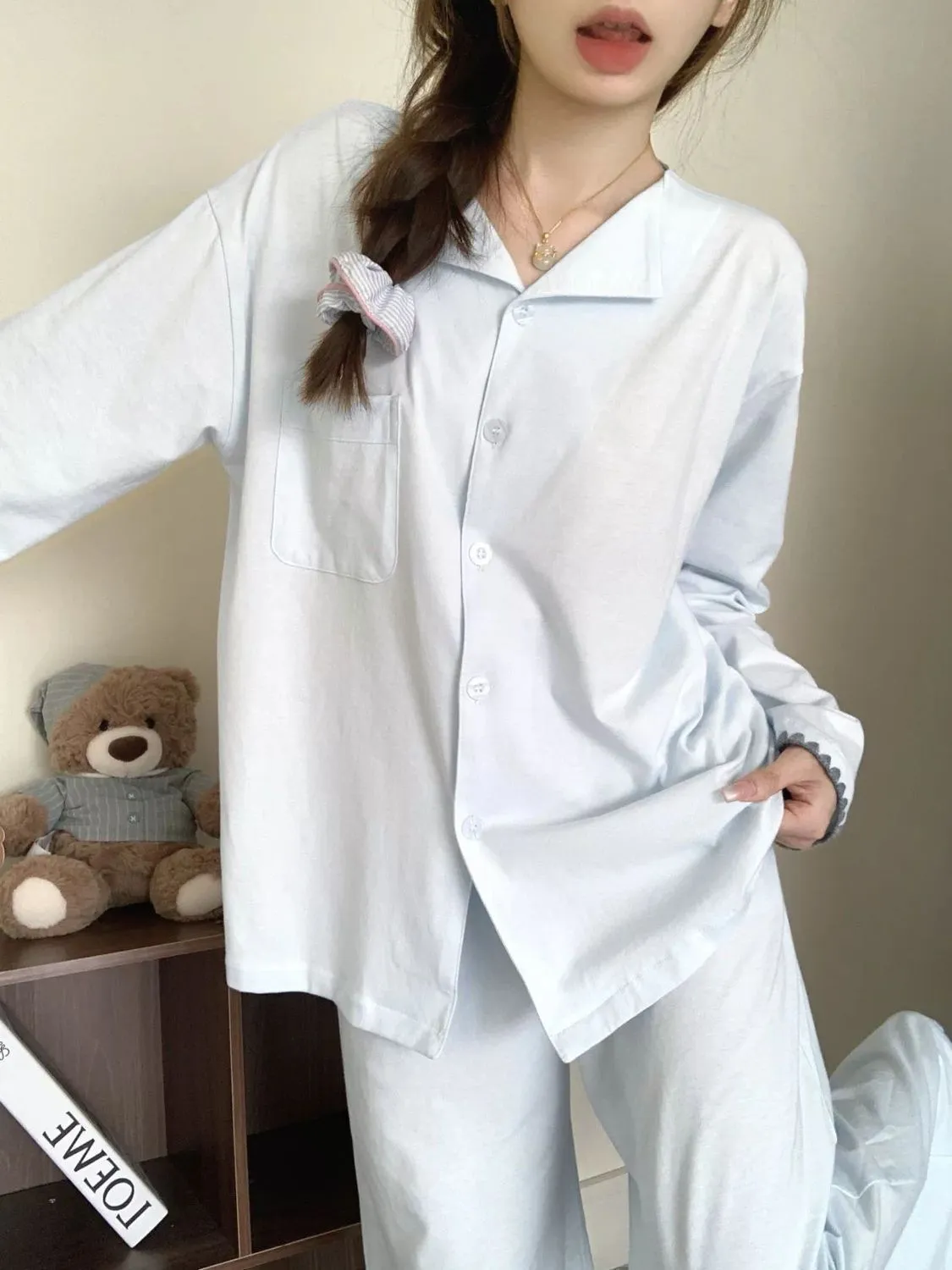 Spring Autumn New Cloud Cotton Pajamas Women Solid Simple Lapel Long Sleeve Two-Piece Plus Size Homewear · Wholesale · OEM · Worldwide Shipping - Detail 5