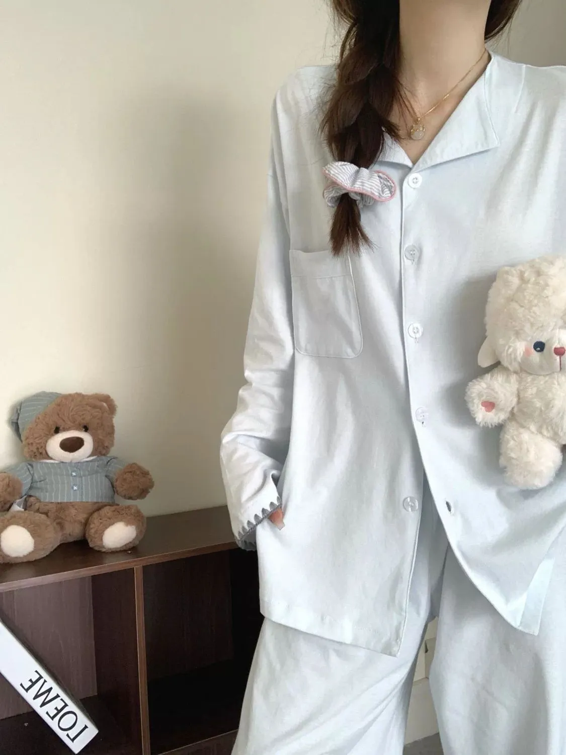 Spring Autumn New Cloud Cotton Pajamas Women Solid Simple Lapel Long Sleeve Two-Piece Plus Size Homewear · Wholesale · OEM · Worldwide Shipping - Detail 4