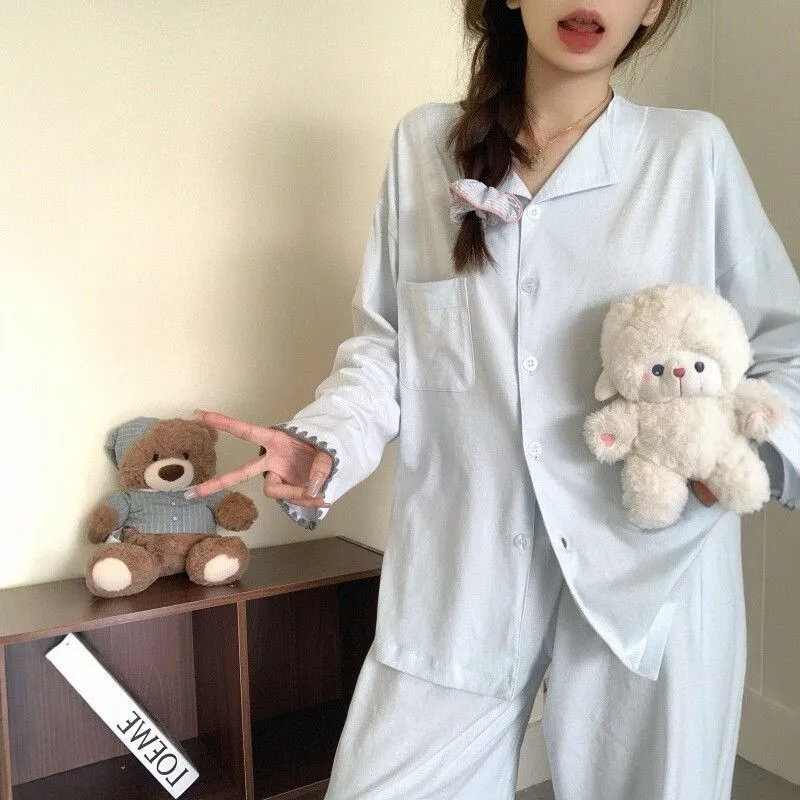 Spring Autumn New Cloud Cotton Pajamas Women Solid Simple Lapel Long Sleeve Two-Piece Plus Size Homewear · Wholesale · OEM · Worldwide Shipping