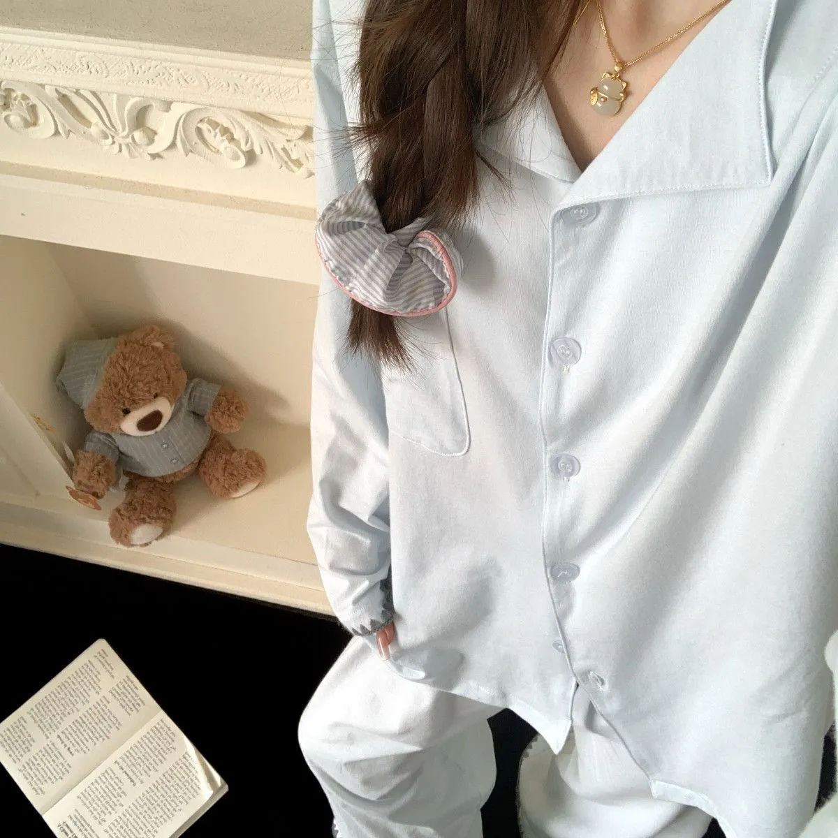 Spring Autumn New Cloud Cotton Pajamas Women Solid Simple Lapel Long Sleeve Two-Piece Plus Size Homewear · Wholesale · OEM · Worldwide Shipping - View 4