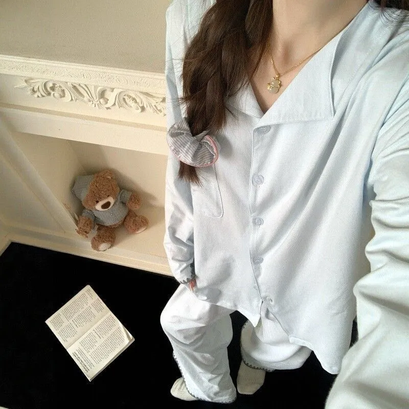 Spring Autumn New Cloud Cotton Pajamas Women Solid Simple Lapel Long Sleeve Two-Piece Plus Size Homewear · Wholesale · OEM · Worldwide Shipping - Detail 9