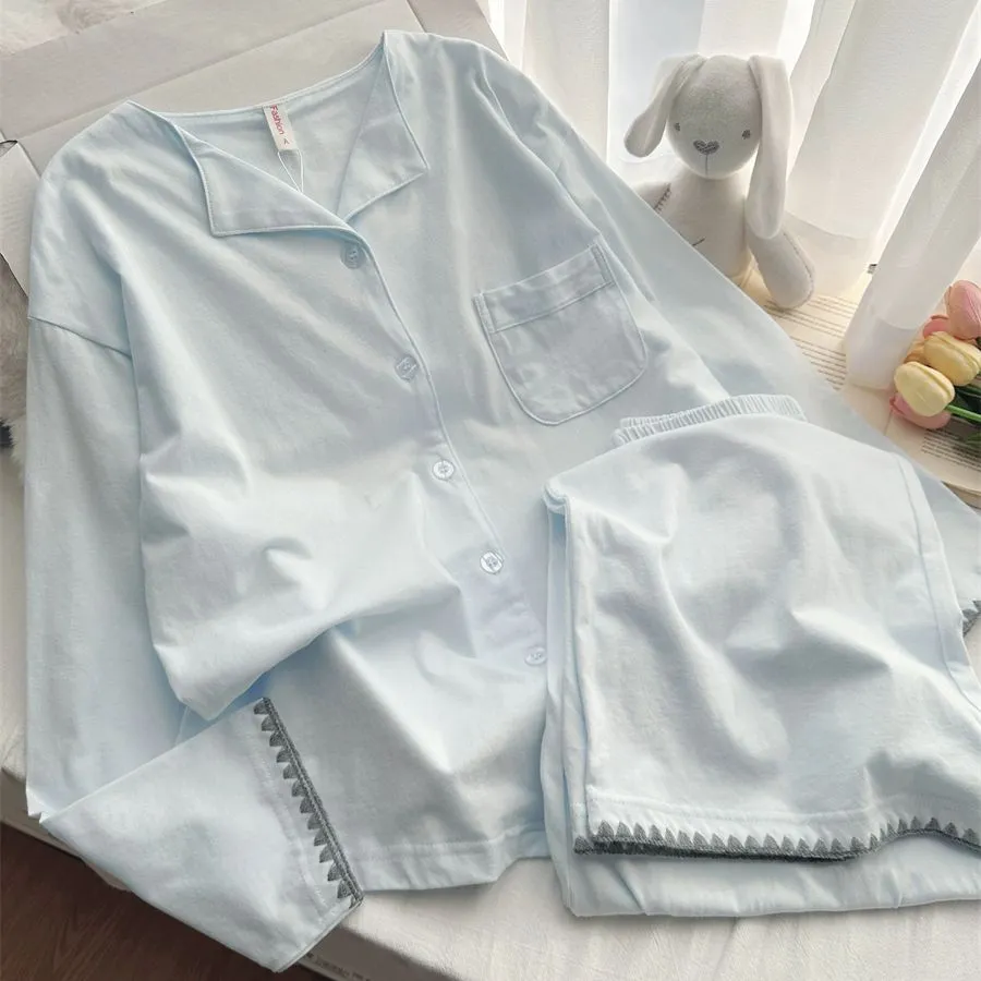 Spring Autumn New Cloud Cotton Pajamas Women Solid Simple Lapel Long Sleeve Two-Piece Plus Size Homewear · Wholesale · OEM · Worldwide Shipping - Detail 1