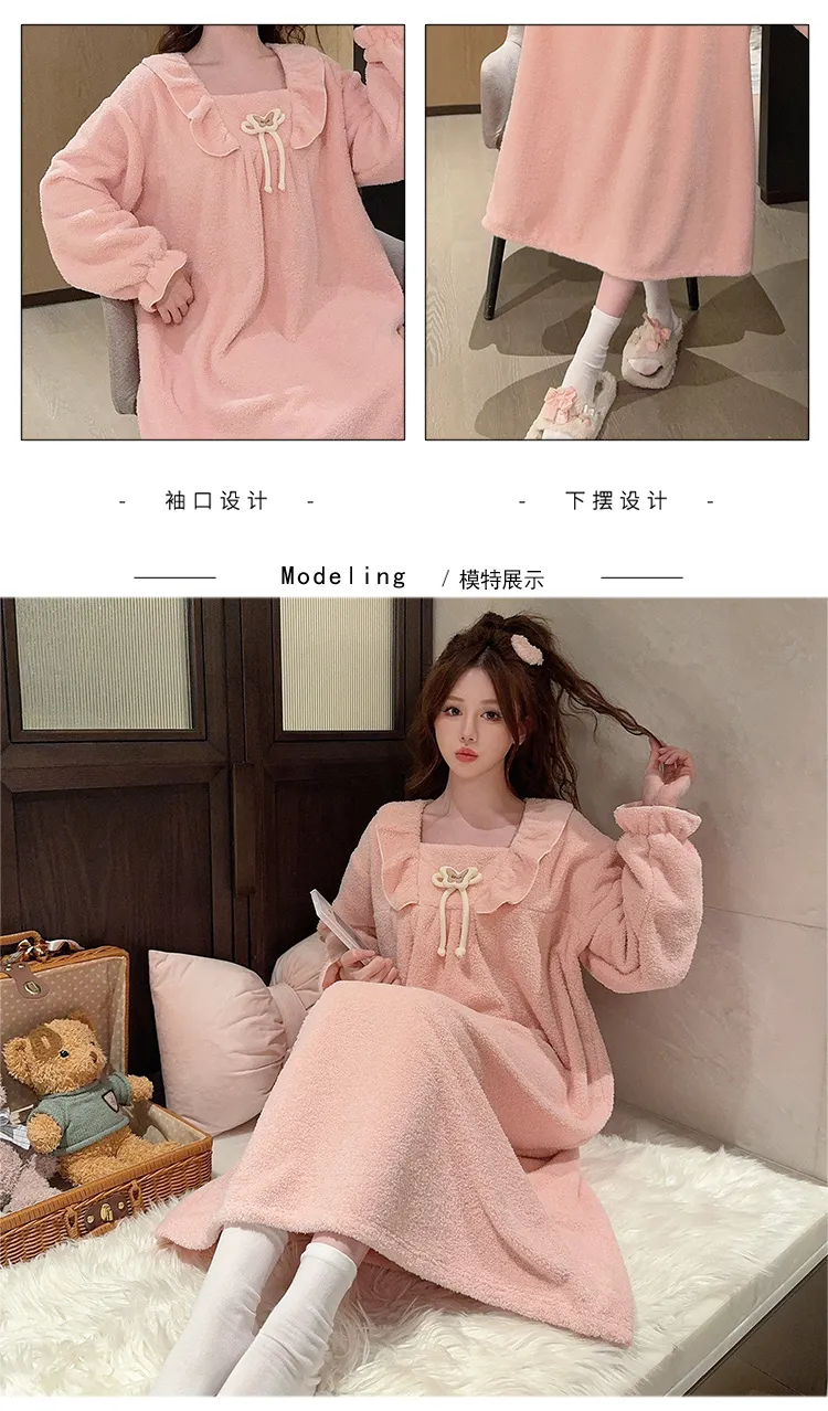Women's Pajamas Winter New Half-Sherpa Nightdress Korean Style Loose Plus Size Up to 110kg Homewear M-5XL · Wholesale · OEM · Worldwide Shipping - Detail 5