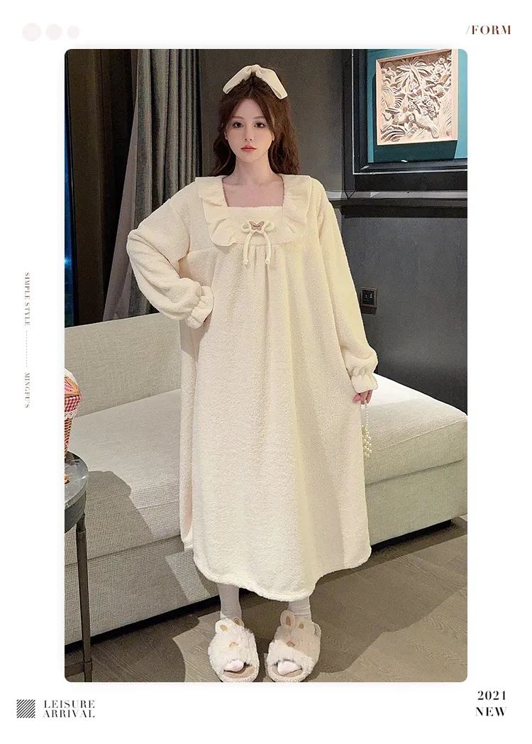 Women's Pajamas Winter New Half-Sherpa Nightdress Korean Style Loose Plus Size Up to 110kg Homewear M-5XL · Wholesale · OEM · Worldwide Shipping - Detail 11