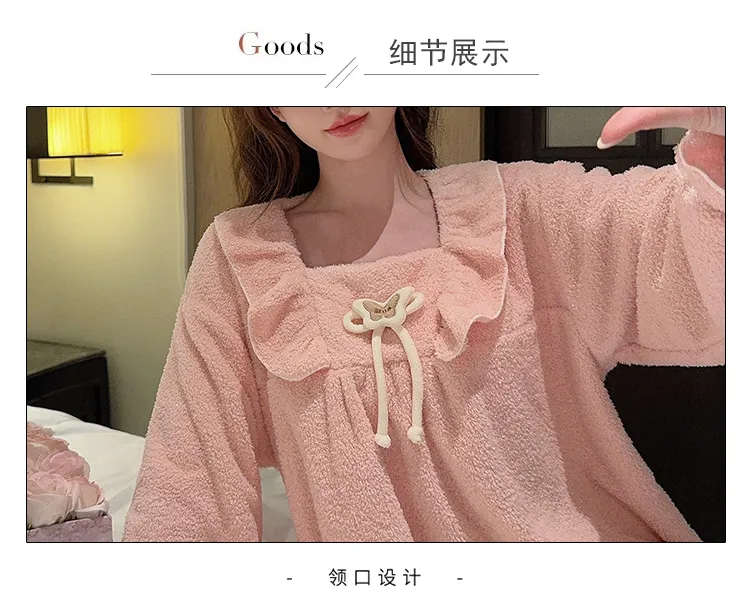 Women's Pajamas Winter New Half-Sherpa Nightdress Korean Style Loose Plus Size Up to 110kg Homewear M-5XL · Wholesale · OEM · Worldwide Shipping - Detail 4