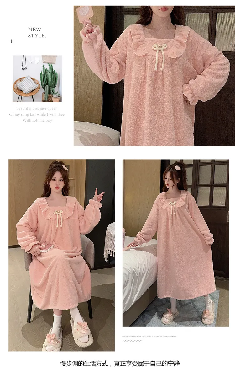 Women's Pajamas Winter New Half-Sherpa Nightdress Korean Style Loose Plus Size Up to 110kg Homewear M-5XL · Wholesale · OEM · Worldwide Shipping - Detail 6