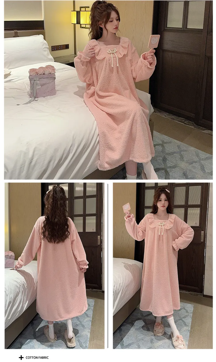 Women's Pajamas Winter New Half-Sherpa Nightdress Korean Style Loose Plus Size Up to 110kg Homewear M-5XL · Wholesale · OEM · Worldwide Shipping - Detail 7