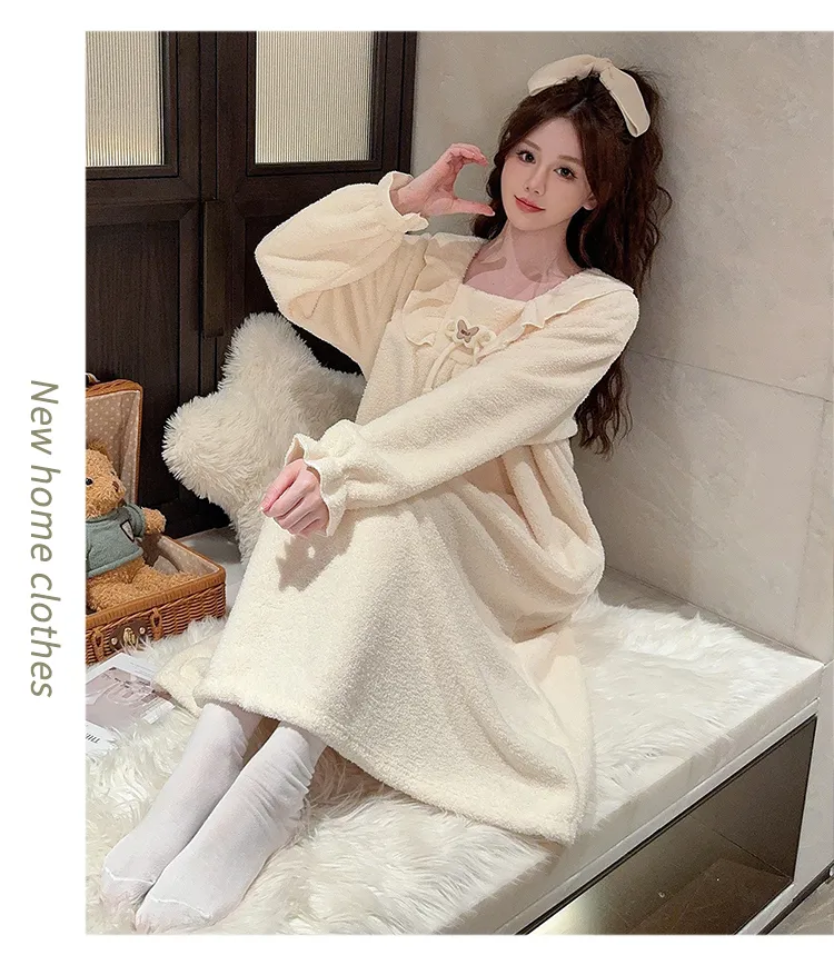 Women's Pajamas Winter New Half-Sherpa Nightdress Korean Style Loose Plus Size Up to 110kg Homewear M-5XL · Wholesale · OEM · Worldwide Shipping - Detail 9