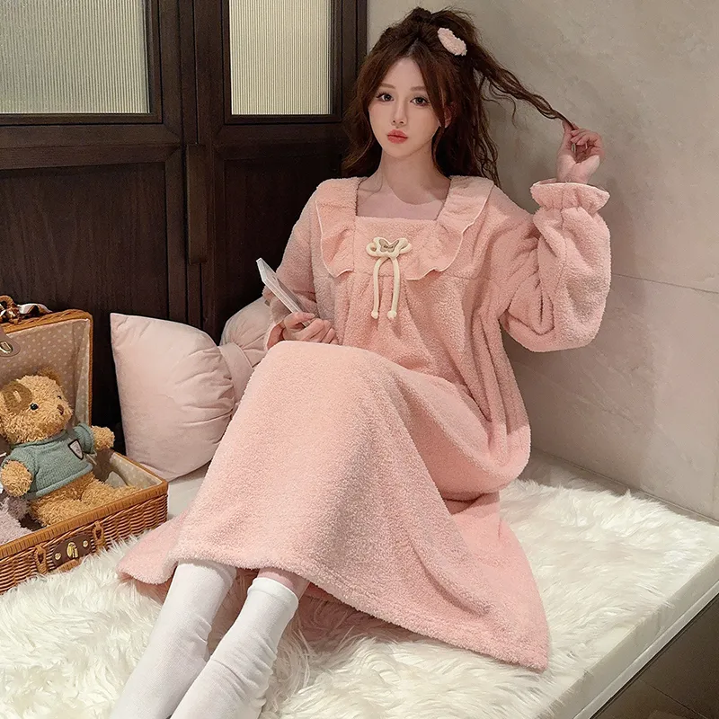 Women's Pajamas Winter New Half-Sherpa Nightdress Korean Style Loose Plus Size Up to 110kg Homewear M-5XL · Wholesale · OEM · Worldwide Shipping - View 3