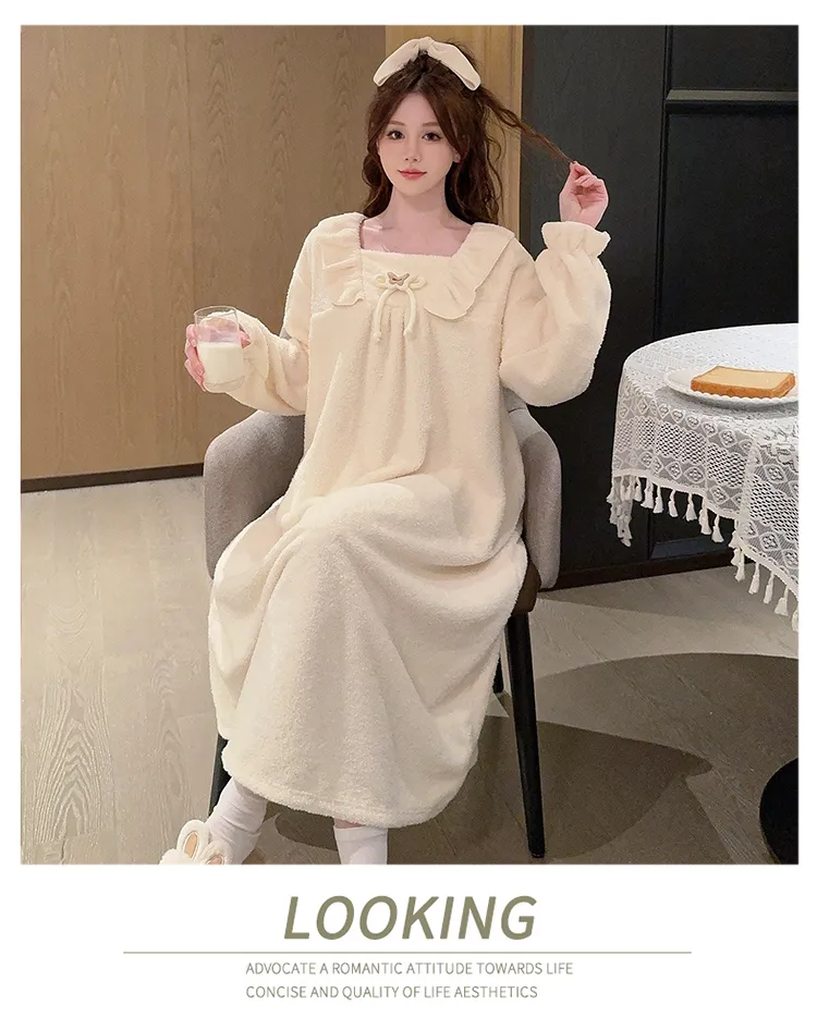 Women's Pajamas Winter New Half-Sherpa Nightdress Korean Style Loose Plus Size Up to 110kg Homewear M-5XL · Wholesale · OEM · Worldwide Shipping - Detail 10