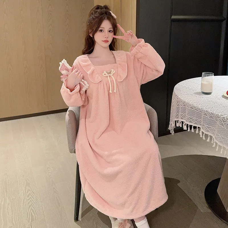Women's Pajamas Winter New Half-Sherpa Nightdress Korean Style Loose Plus Size Up to 110kg Homewear M-5XL · Wholesale · OEM · Worldwide Shipping - View 4