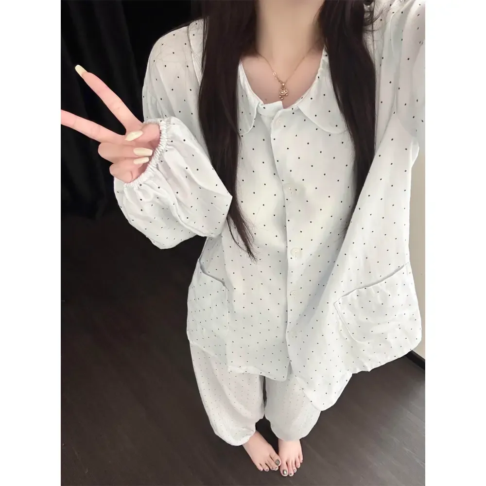 Source Factory/Sweet and Cute Polka Dot Doll Collar Pajamas for Women Spring and Autumn New Loose Long-Sleeve Long-Pants Home Wear · Wholesale · OEM · Worldwide Shipping - View 1