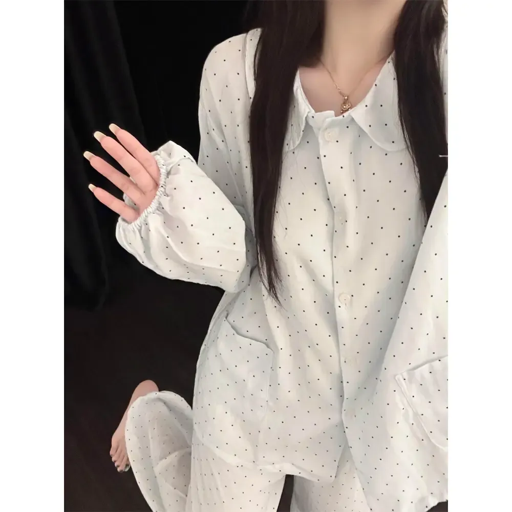 Source Factory/Sweet and Cute Polka Dot Doll Collar Pajamas for Women Spring and Autumn New Loose Long-Sleeve Long-Pants Home Wear · Wholesale · OEM · Worldwide Shipping