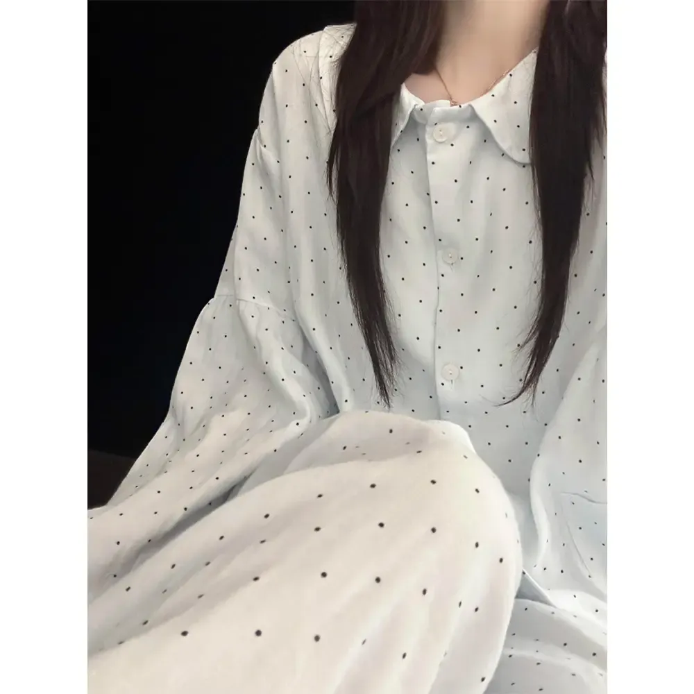 Source Factory/Sweet and Cute Polka Dot Doll Collar Pajamas for Women Spring and Autumn New Loose Long-Sleeve Long-Pants Home Wear · Wholesale · OEM · Worldwide Shipping - View 3