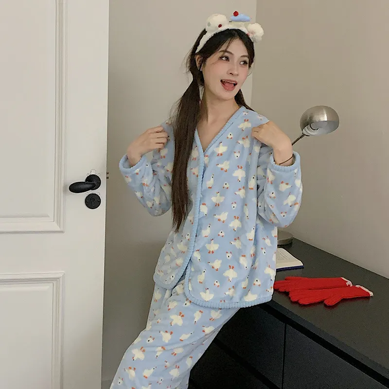 플란넬 260g 파자마 여성 가을겨울 카디건 긴팔 빅사이즈 220근 뚱뚱한 M 홈웨어 · 도매 · OEM · 전 세계 배송 - View 2