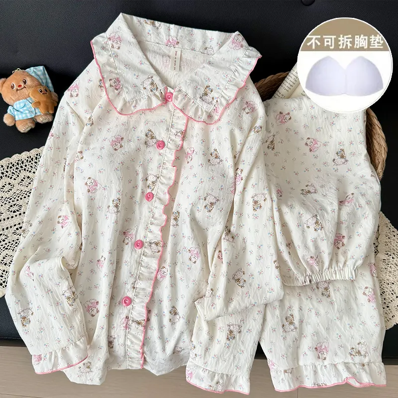 Nouvelle collection d'automne, cardigan avec col Claudine et coussinets, pyjama pour jeunes filles, adorable et doux, manches longues et pantalon long, vêtements d'intérieur, coton nuage · Grossiste · OEM · Mondial - View 4