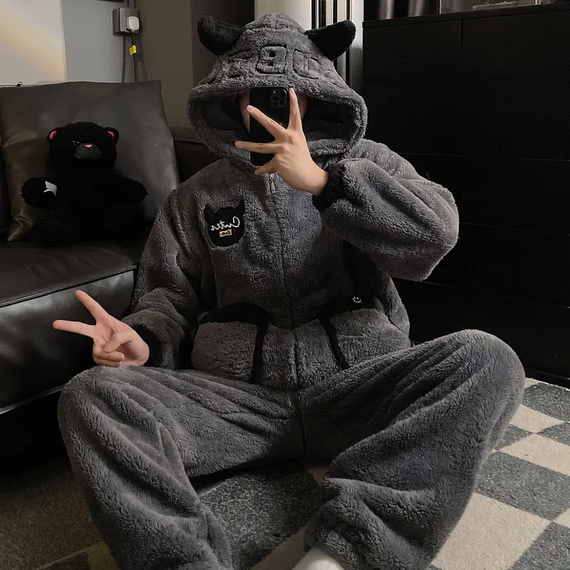 New Autumn Winter Men's Pajamas Fleece-Lined Thickened Zipper Loose Flannel Loungewear Set Two-Piece · Wholesale · OEM · Worldwide Shipping - View 1