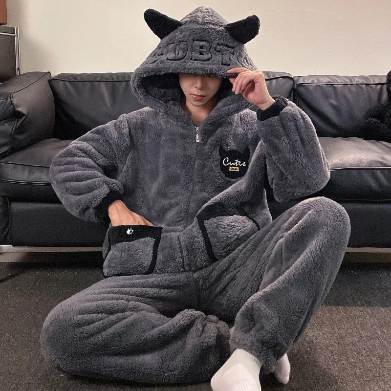 New Autumn Winter Men's Pajamas Fleece-Lined Thickened Zipper Loose Flannel Loungewear Set Two-Piece · Wholesale · OEM · Worldwide Shipping - View 2